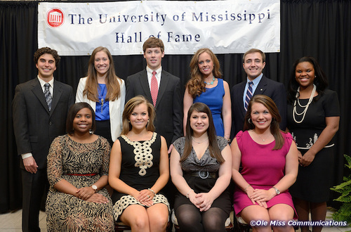 Members of the 2012-13 Ole Miss Hall of Fame. Bottom row (l-r): Lauren Wright, Stevie Farrar, Emily Roland and Margaret Ann Morgan. Top row (l-r): Doug Odom, Maggie McFerring, Brian Barnes, Sarah Robinson, Jess Waltman and Kimbrely Dandridge. Photo by Nathan Latil/Ole Miss Communications