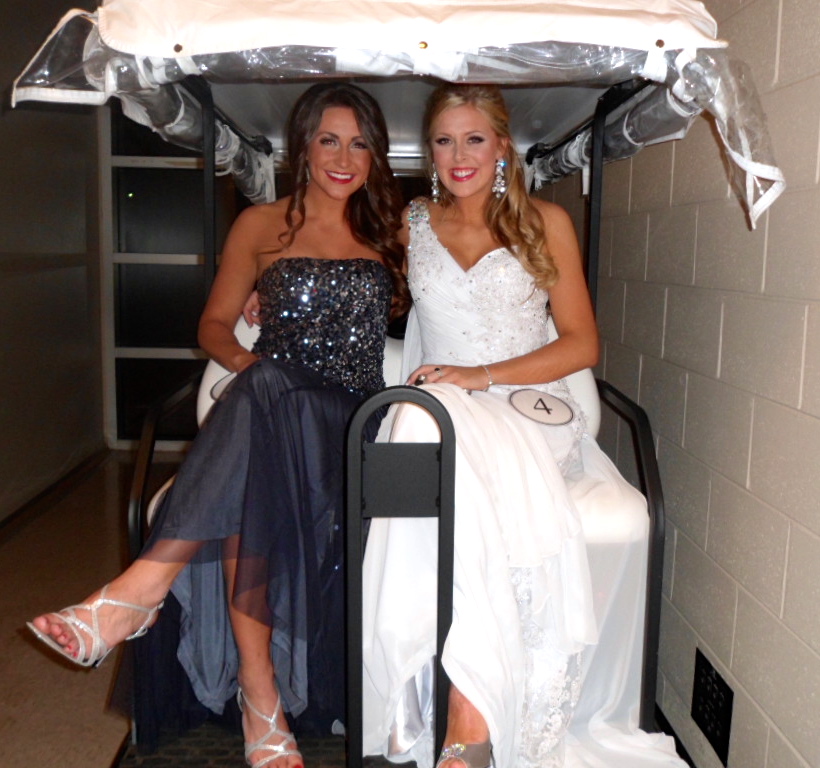POB Contestants Kelly Dunnigan and Mary Alex Nail found a gold cart in the hallway to sit in to rest their feet