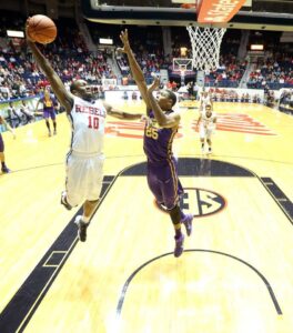 LaDarius White hammers toward the basket in the Rebels' home loss against LSU Wednesday night. Photo by Joshua McCoy, Ole Miss Athletics