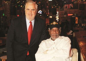 Clarksdale Mayor Bill Luckett with friend and business partner, Morgan Freeman at their Ground Zero Blues club in Clarksdale.