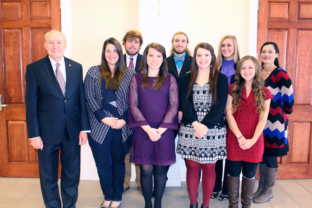 Northwest Mississippi Community College President, Dr. Gary Lee Spears (far left) congratulates (front row, left to right) Ashley Simon of Senatobia, Amelia Bailey of Pope, Dalton Hurt of Hernando, Holly Newman of Olive Branch, (second row, left to right) Chip Malone of Lake Cormorant, Matthew Morris of Olive Branch, Summer Cooper of Hernando and Barbara Arbuckle of Oxford for their induction into the 2014-2015 Northwest Hall of Fame. Not pictured are Courtney Robinson of Hernando and Summer Steakley of Olive Branch. Photo by Julie Bauer