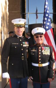LtCol John Payne, Jr. and Korean War Veteran Sergeant Major Norm Sponcey (USMC Ret) celebrate the 2011 Marine Corps Birthday Ceremony, Fort Huahcuca, AZ, November 2011