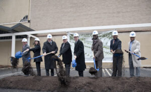 Celebrating the groundbreaking for the Venyu Technology Center, which will also include a newly constructed building to be leased by the University of Mississippi Medical Center's Center for Telehealth are, from left: Jim McArthur, deputy director of the Mississippi Development Authority; Dr. Kristi Henderson, chief telehealth and innovation officer at UMMC; Dr. James Keeton, UMMC vice chancellor for health affairs and dean of the School of Medicine; Scott Thompson, founder and CEO of Venyu Solutions, LLC; Gov. Phil Bryant; Jackson Mayor Tony Yarber; Jackson City Council President De'Keither Stamps, Ward 4; and Tray Hairston, attorney with Butler Snow Law Firm.