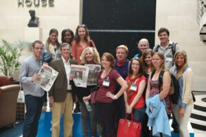 Hudson and some of his students on a work and study trip to London, visiting the Independent newspaper offices.