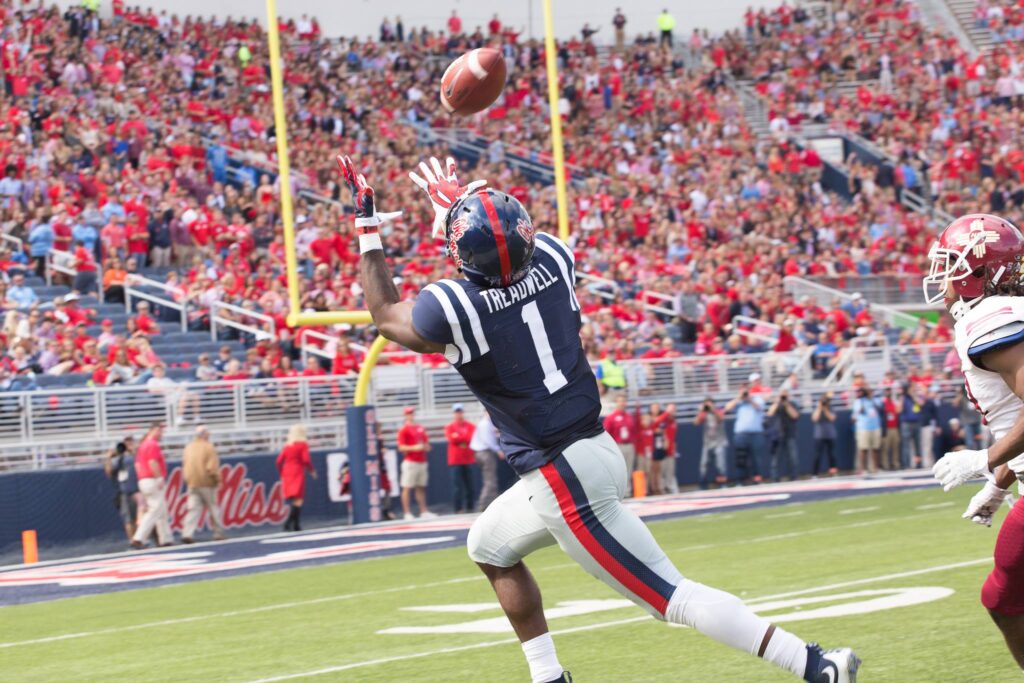 Laquon Treadwell catches a pass at the Ole Miss vs. New Mexico State University game in Oxford. Photo by Josh Bonner/Libertine Images