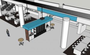 The new C Spire Speedzone in the Pavilion lobby will be highly contemporary, featuring digital displays, power-port enabled furniture, and high-speed connectivity. Courtesy UM Foundation