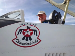 Mark in the pilots seat of a Lockheed T-33 Thunderbird jet that he recently flew "just for fun." 