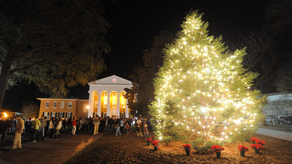 The annual lighting of the Christmas tree will begin at 6 p.m. in front of the Lyceum. Photo courtesy of Ole Miss communications