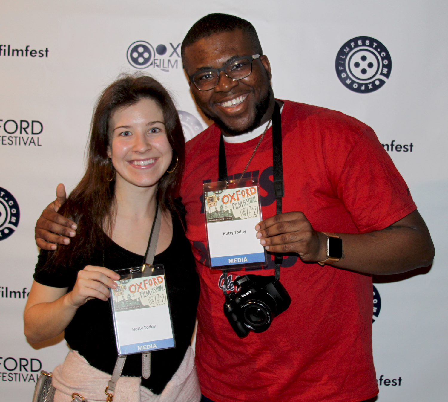 HottyToddy.com interns Hannah Pickett (left) and Christopher Neal take a break for a photo op at Oxford Film Festival's red carpet event at the Lyric Oxford. Photo by Jeff McVay