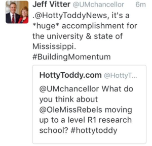 UM Chancellor, Jeff Vitter, tweeted to HottyToddy.com.