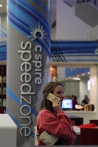 A fan uses the Speedzone Wifi at the Pavilion at Ole Miss. 