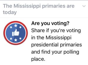 Facebook asks if you are voting today, and the social media site gives you the option to share if you voted or to find a voting place near you. 