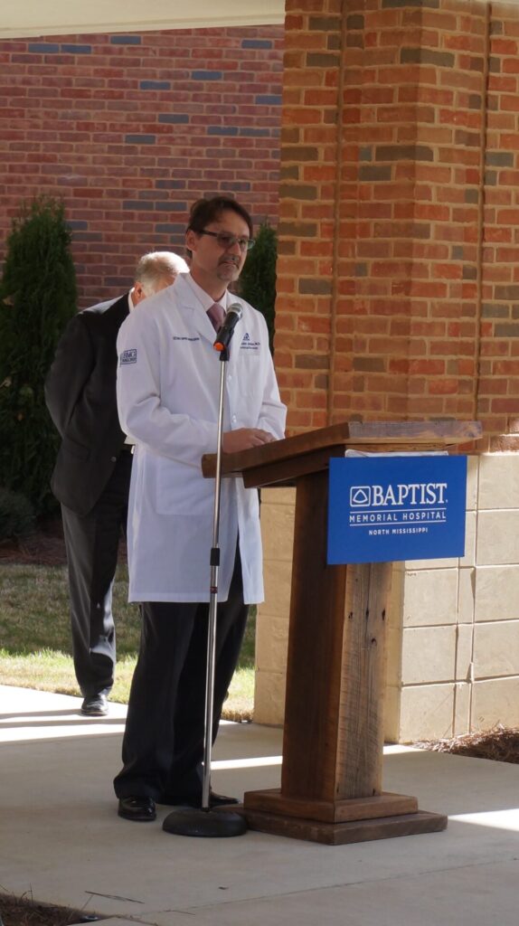 Dr. Aleksander Jankov, one of the Baptist North Mississippi Cancer Center physicians speaks at the ribbon cutting. 