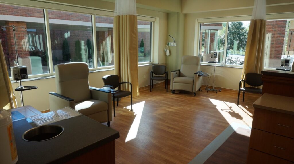 One of the new  treatment areas in which five people can receive treatment. Curtains are available for privacy.