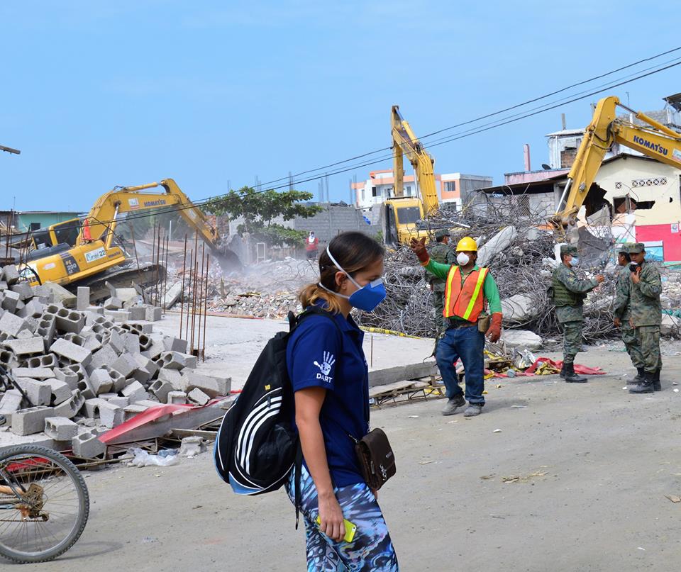 Responders search for missing people in the rubble of the earthquake in Ecuador.