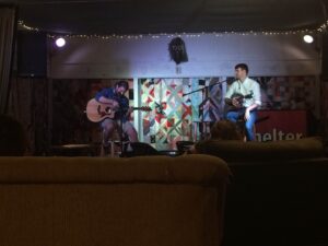 David Vichillo (left) performs at Oxford Writes Night at The Shelter on Van Buren.