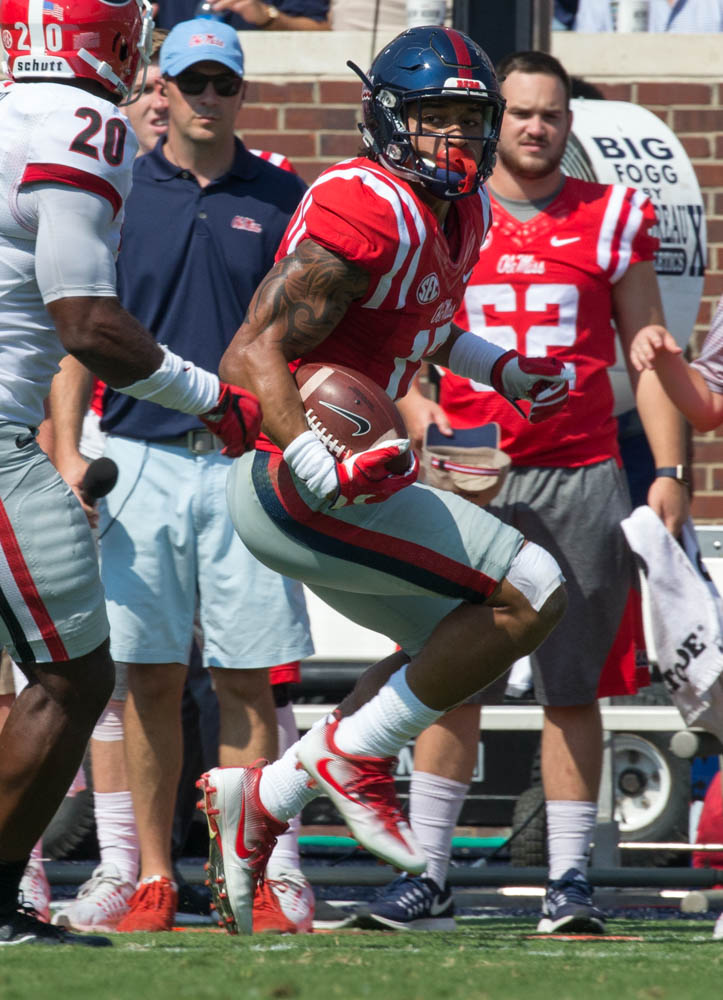 Through the first half, Evan Engram had run for 82 yards on 4 receptions and one touchdown as the Rebels take on the Georgia Bulldogs Saturday at Vaught-Hemmingway stadium.