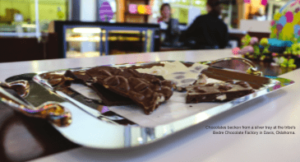 Chocolates beckon from a silver tray at the tribe’s Bedre Chocolate Factory in Davis, Oklahoma.