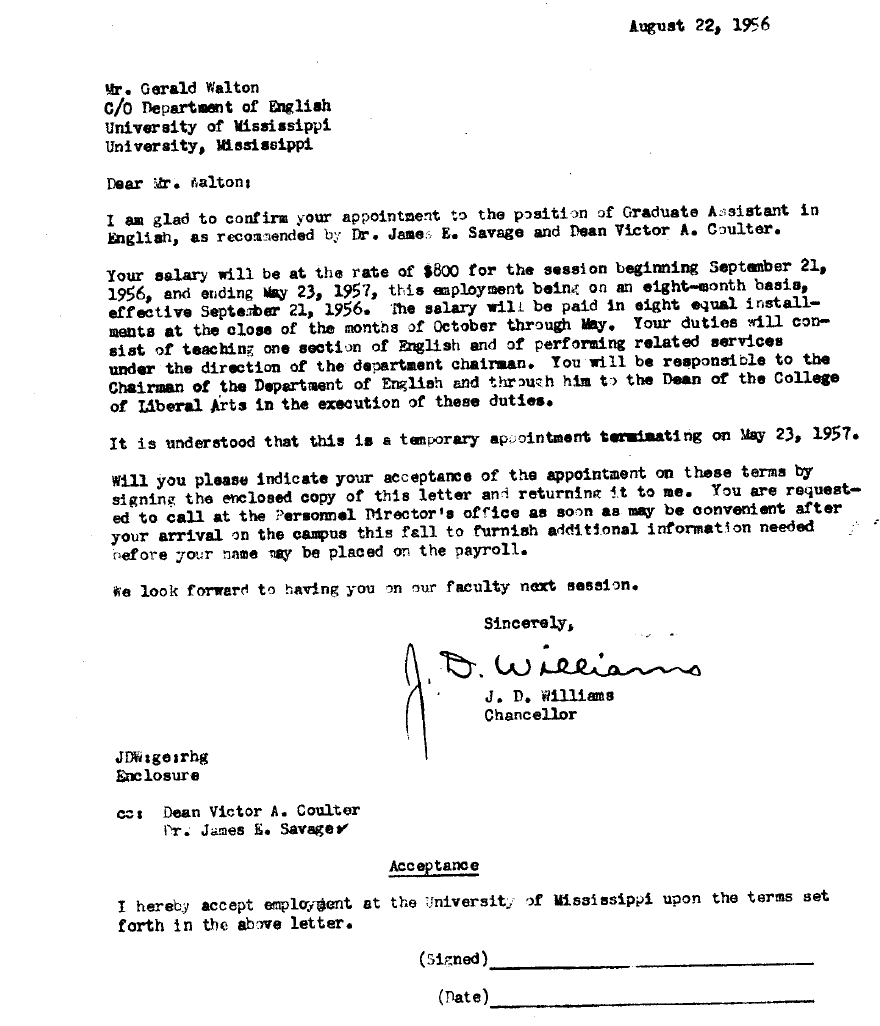 Walton's acceptance letter to the position of Graduate Assistant in English, 1956. 