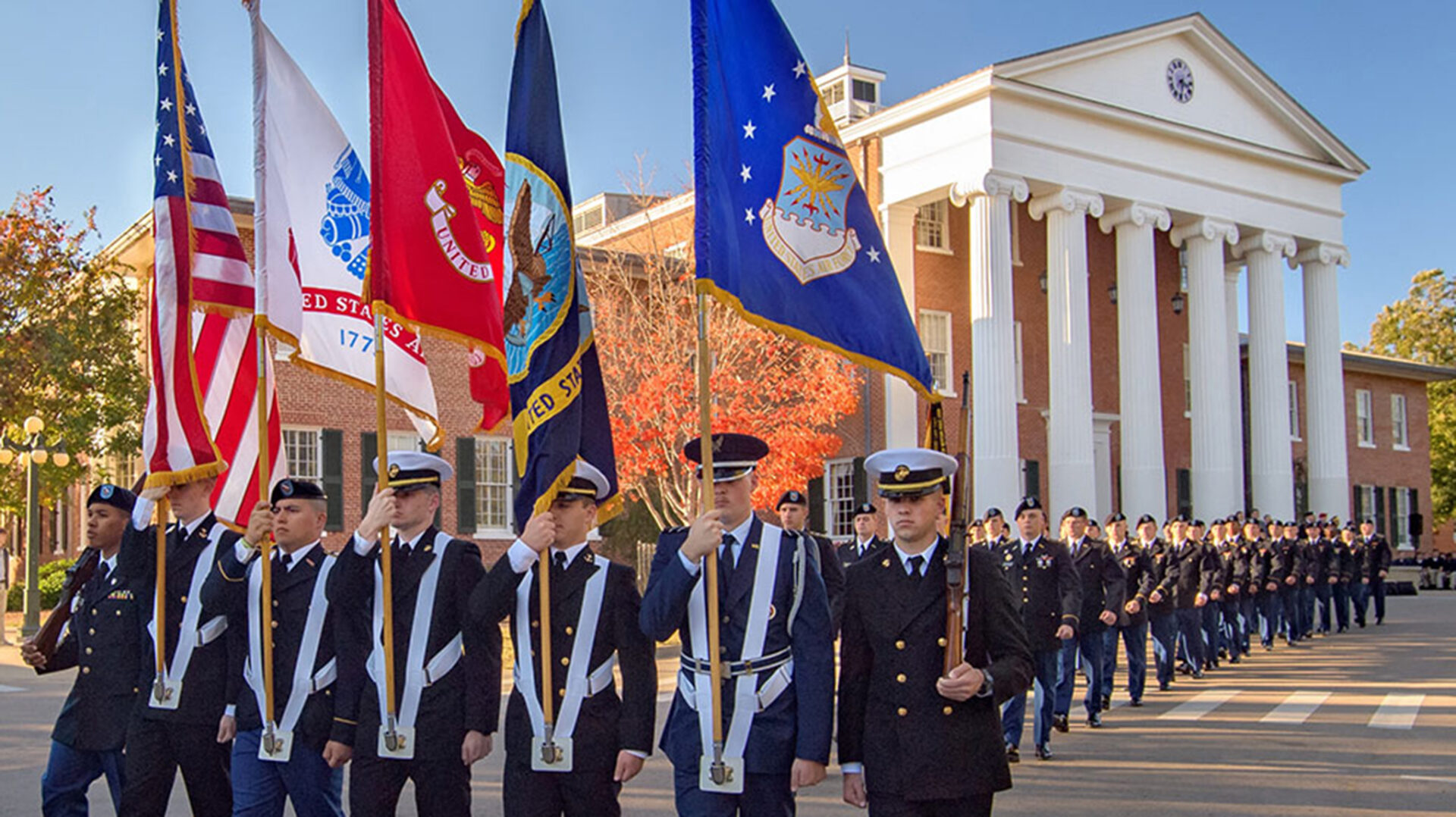 Members of UM Army ROTC Program marched past the Lyceum during the Pass in Review ceremony Thursday. Photo by Robert Jordan, UM Imaging Services