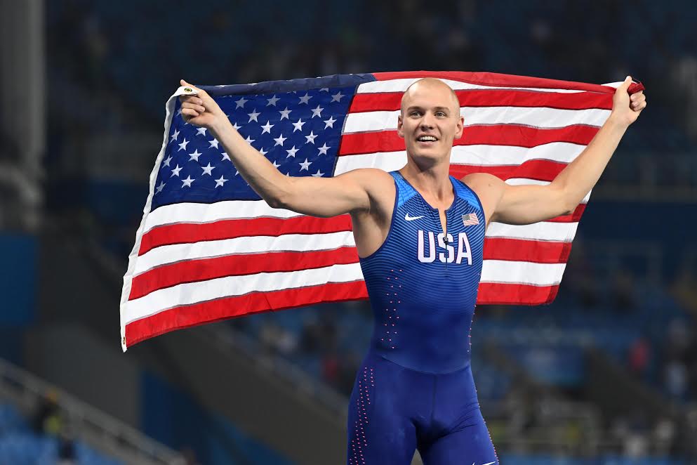 Aug 15, 2016; Rio de Janeiro, Brazil; Sam Kendricks (USA) celebrates after placing third during the men's high jump final in the Rio 2016 Summer Olympic Games at Estadio Olimpico Joao Havelange. Mandatory Credit: Kirby Lee/USA TODAY Sports