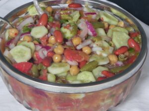 Bean, pea, cucumber and tomato salad.