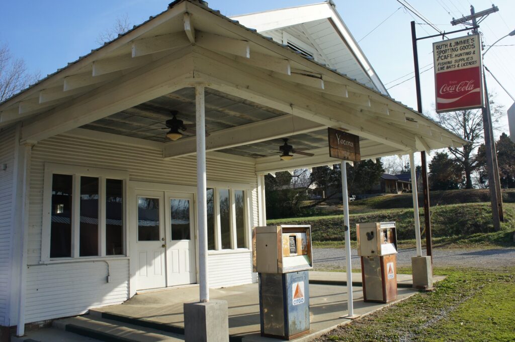 Front of Downtown Abbe, complete with porch fans, rustic decor, and the original Ruth & Jimmie's signage. 