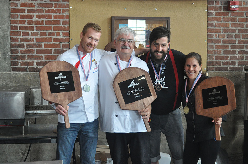 Greg Riviotta, Rick Mines, Chris Mallon and Karen Irby were the top pizza makers in the Slice of Americana competition held on the Fourth of July in Oxford. Photo by Kara Hoffman, PMQ Pizza Magazine.