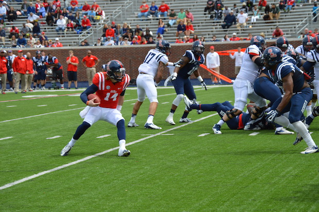 Bo Wallace making a play with his feet in the spring game. / photo by Andy Knef