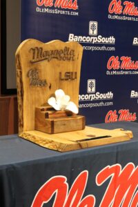 The Magnolia Bowl trophy went home with the Rebels last season and has enjoyed its home in Oxford for the year. / Photo by Amelia Camurati