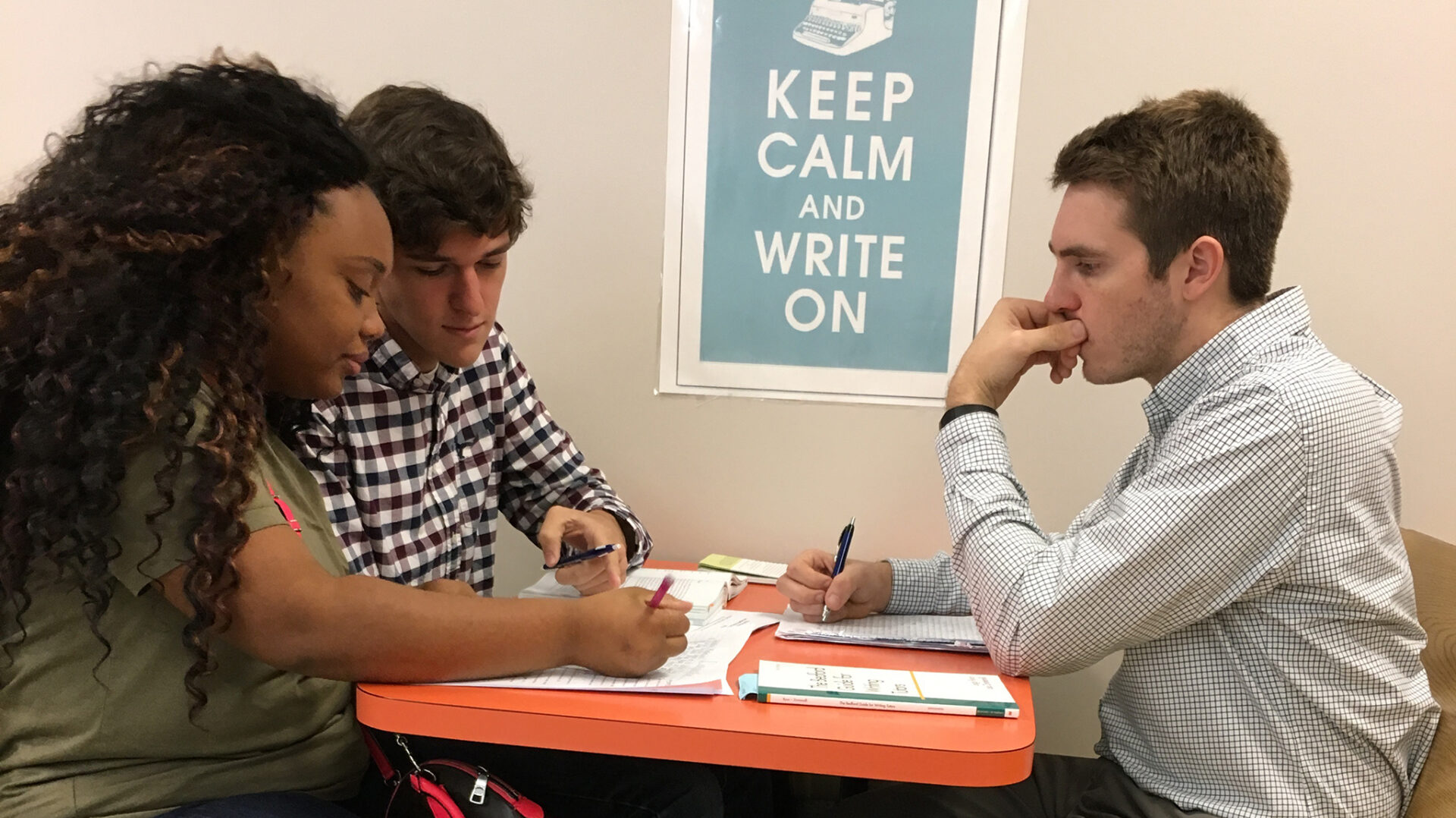 Josh Green (right), director of Independence High School’s writing center, oversees a tutoring session with students Josh Figures and Martasia Copeland. Green reached out to the University of Mississippi - DeSoto Writing Center for resources and ideas. Submitted Photo