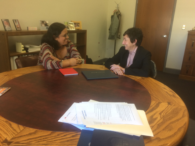 From left, Assistant Dean Tipton and Dean Botero discuss matters privy to the future of the J.D. Williams Library. Photo by Jack Hall. 