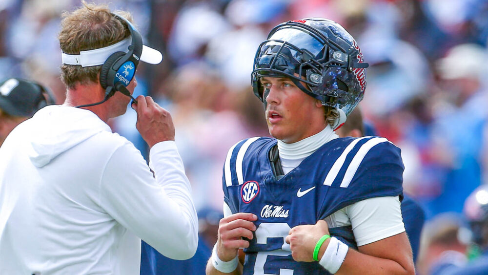 Ole Miss coach Lane Kiffin and quarterback Jaxson Dart