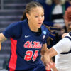 Ole Miss Rebels forward Madison Scott dribbles as Notre Dame Fighting Irish guard Hannah Hidalgo defends