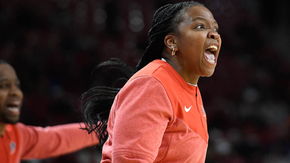 Rebels coach Yolett McPhee-McCuin during a game with Arkansas in 2023