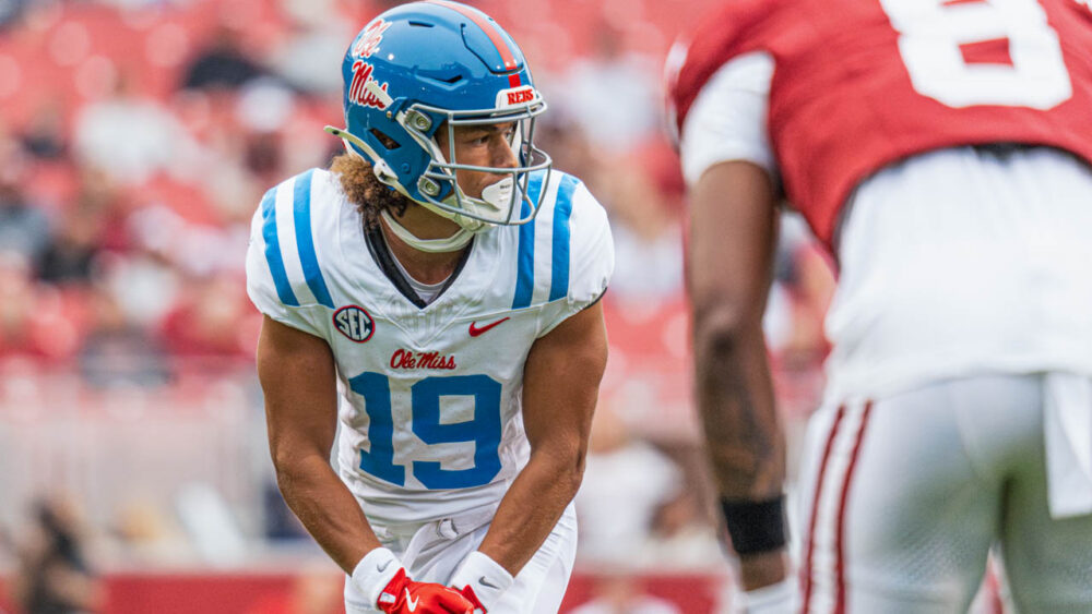 Ole Miss wide receiver Cayden Lee lines up before a play against the Arkansas Razorbacks