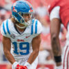 Ole Miss wide receiver Cayden Lee lines up before a play against the Arkansas Razorbacks