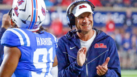 Ole Miss coach Lane Kiffin reacts near the end of the game during the second half against Georgia