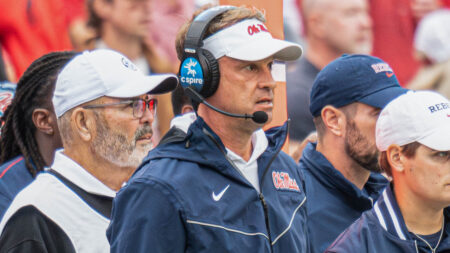 Ole Miss Rebels coach Lane Kiffin during game with the Arkansas Razorbacks