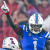 Ole Miss defensive lineman Princely Umanmielen (1) reacts during the second half against the Georgia