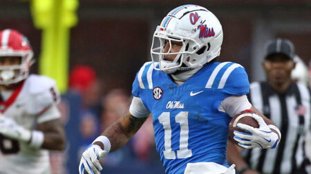 Ole Miss Rebels wide receiver Jordan Watkins (11) runs after a catch for a first down during the first half against Georgia