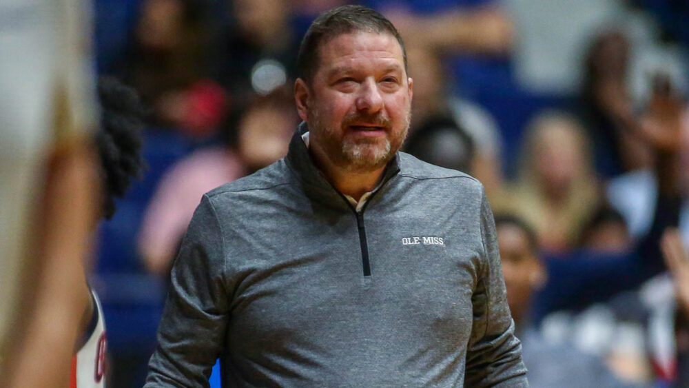 Rebels coach Chris Beard reacts during the first half against South Alabama