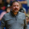 Rebels coach Chris Beard reacts during the first half against South Alabama