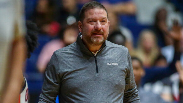 Rebels coach Chris Beard reacts during the first half against South Alabama