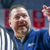 Ole Miss coach Chris Beard reacts toward an official during the second half against Oral Roberts