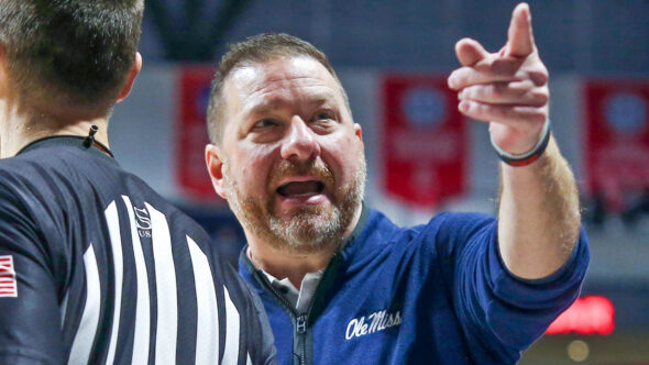 Ole Miss coach Chris Beard reacts toward an official during the second half against Oral Roberts