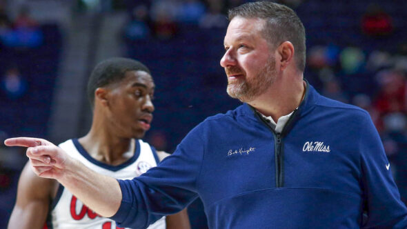 Ole Miss coach Chris Beard reacts during the second half against the Oral Roberts