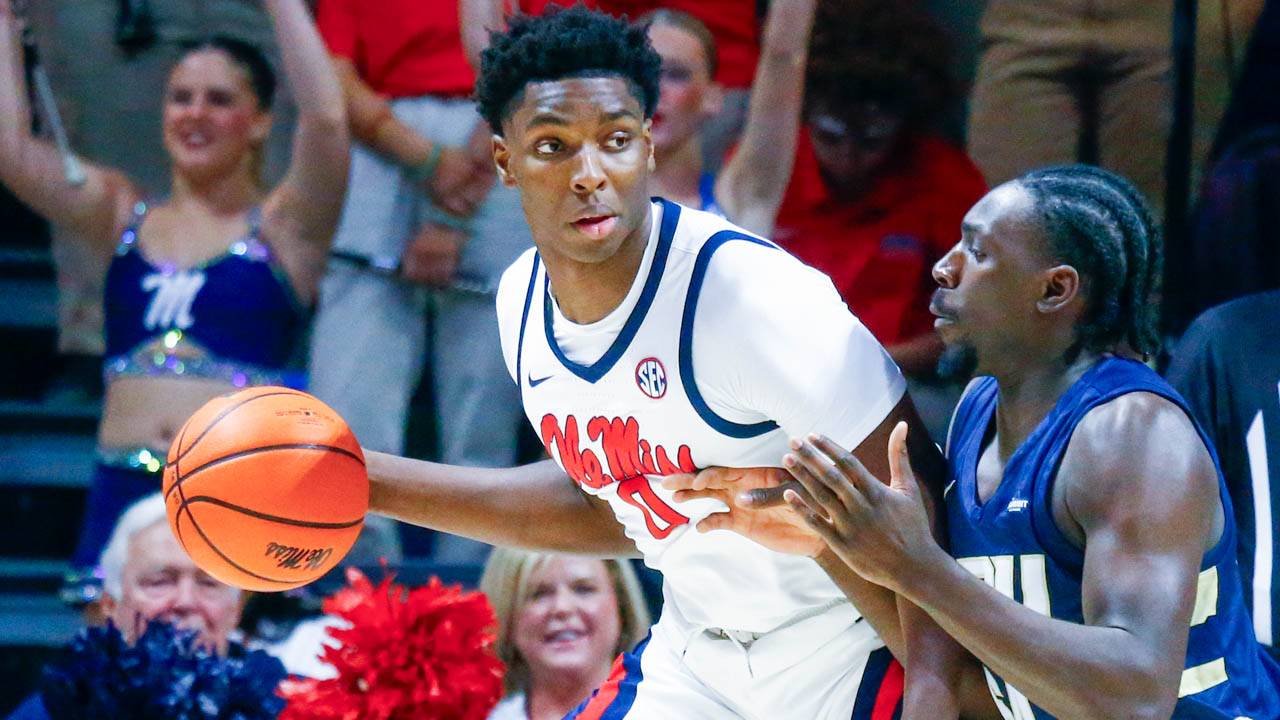 Ole Miss forward Malik Dia (0) dribbles as Oral Roberts forward Sam Alajiki (64) defends