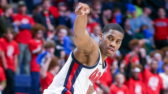 Ole Miss guard Matthew Murrell (11) reacts after a basket during the second half against Oral Roberts