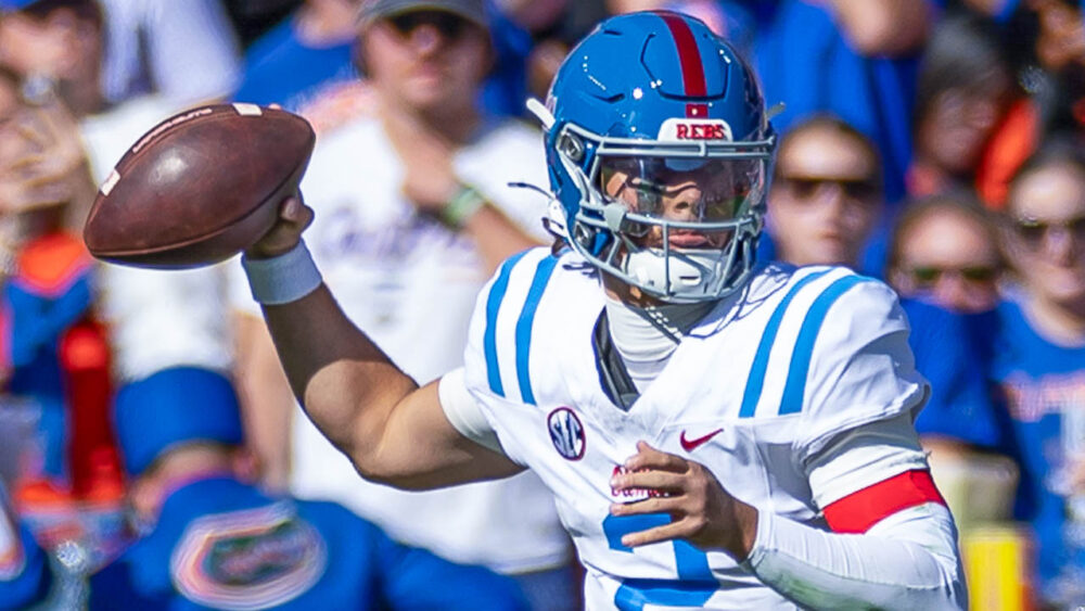 Ole Miss Rebels quarterback Jaxson Dart (2) throws the ball against the Florida Gators